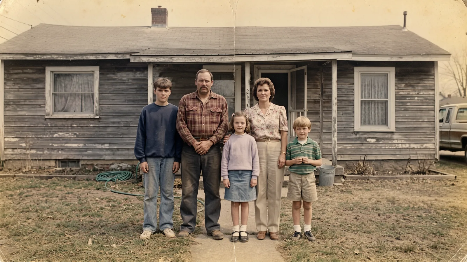 Faded, creased print of a family of five standing in front of a wooden farmhouse