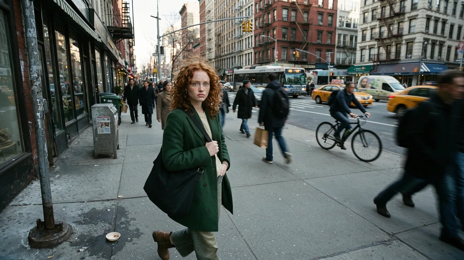 Young woman with curly red hair in a city street