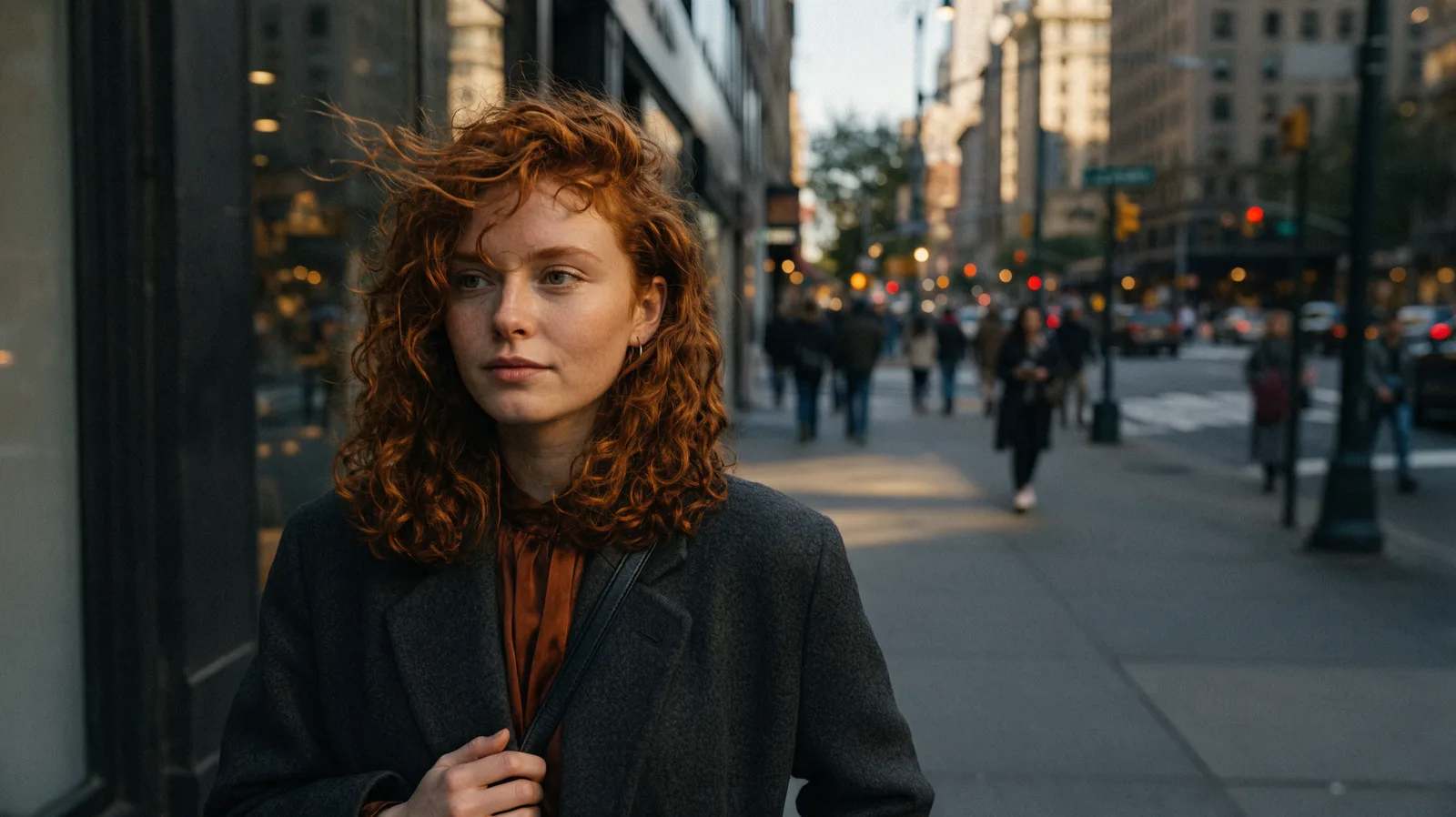 Final portrait with warm tones, film grain, and wind-blown hair