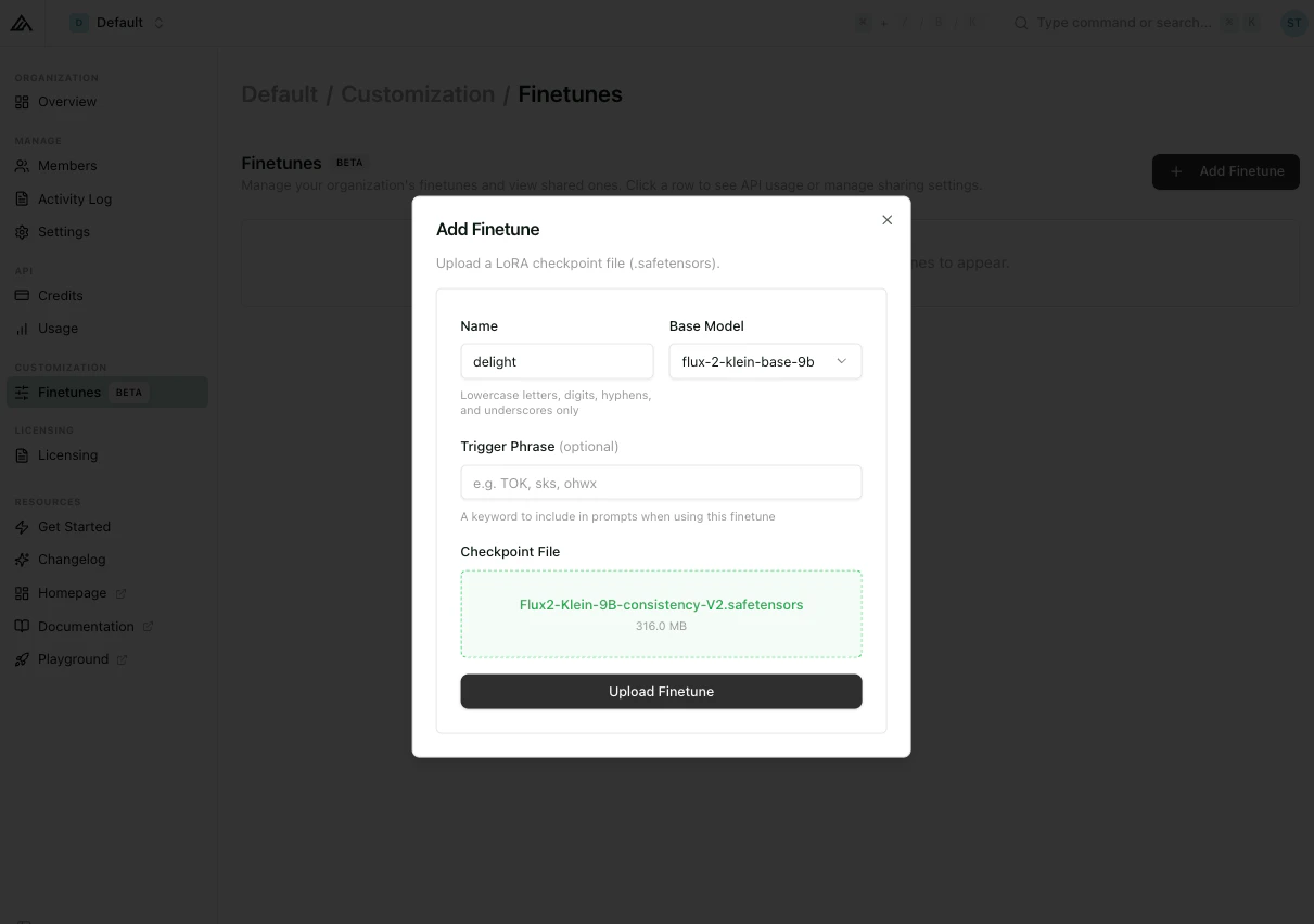 Add Finetune dialog with Name, Base Model, Trigger Phrase, and Checkpoint File fields