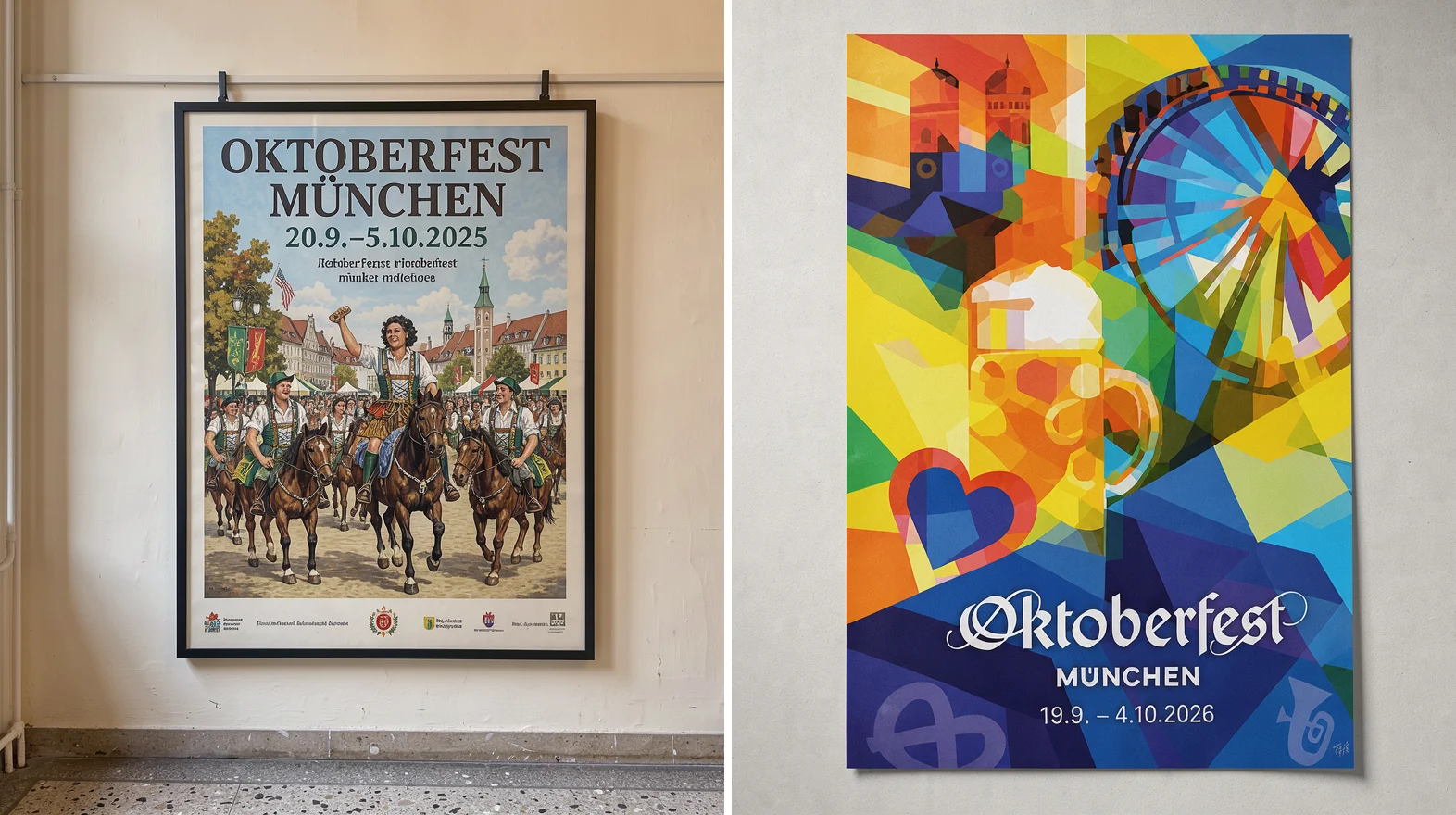 Two Oktoberfest posters. Left, with grounding off: an invented vintage poster of riders on horses, dated 2025. Right, with grounding on: the official 2026 poster with the Frauenkirche towers, a Ferris wheel and a beer stein, dated 19.9. to 4.10.2026.
