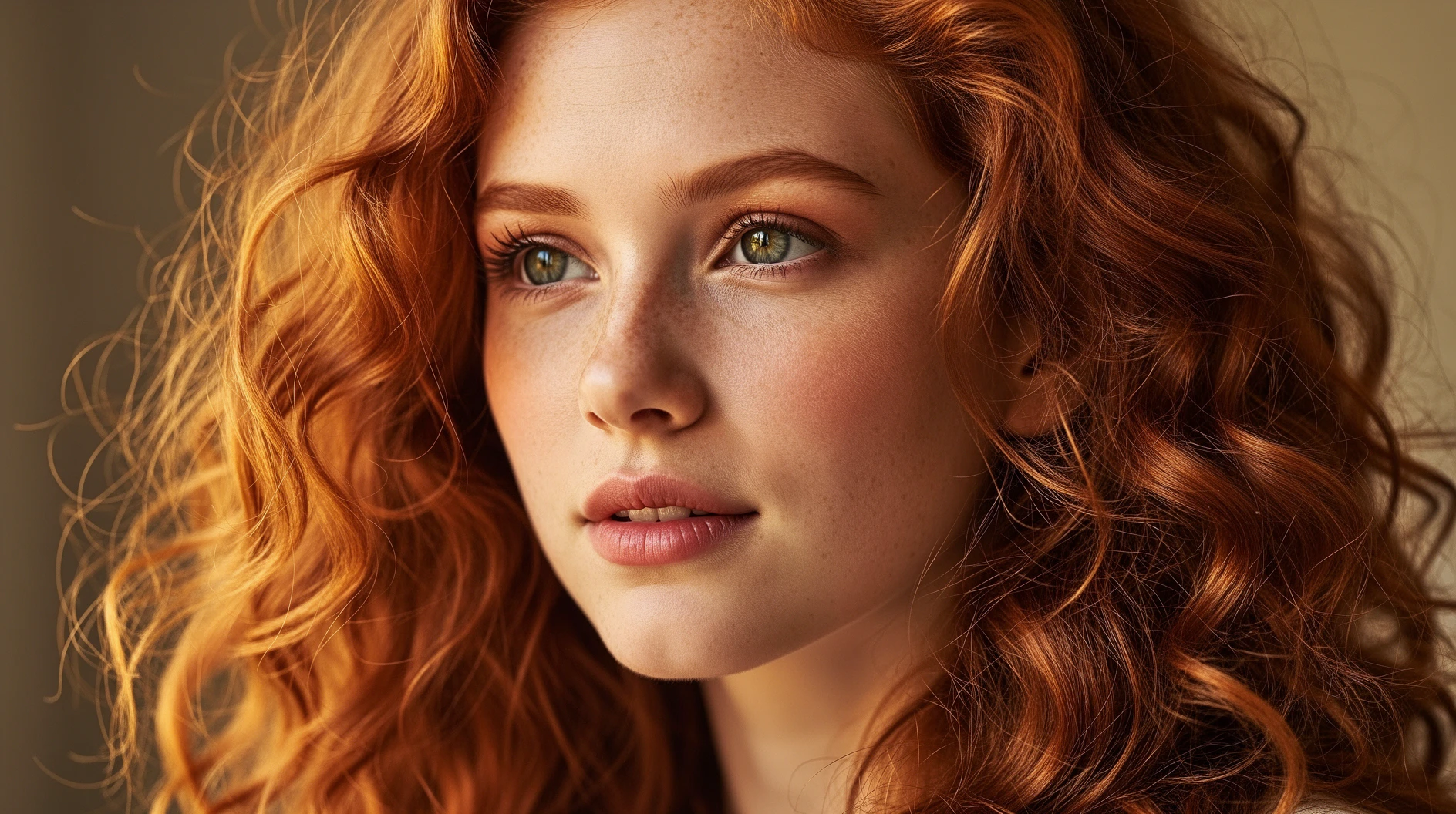 Portrait of a young woman with curly red hair