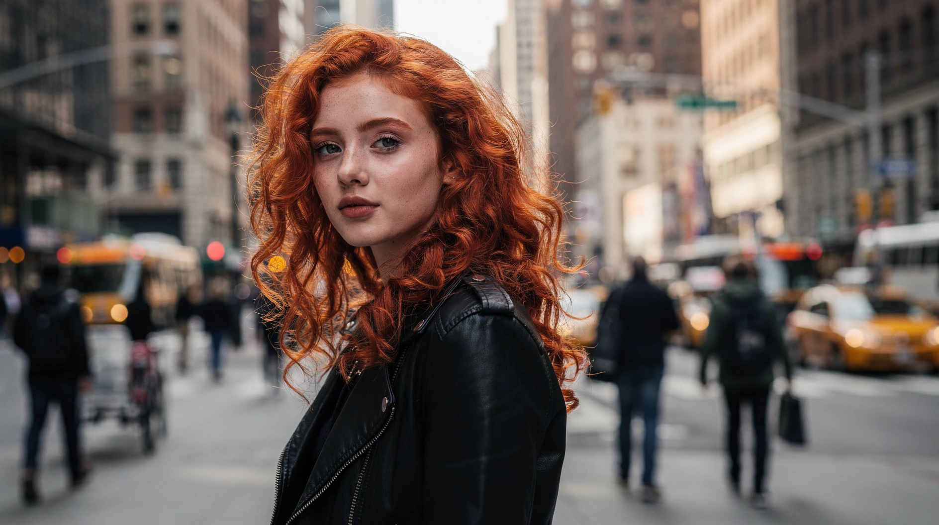 Young woman with curly red hair in a city street