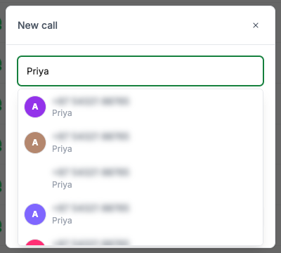 The New call window, searching contacts by name