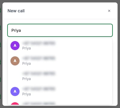 The New call window, searching contacts by name