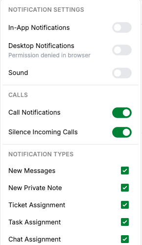 The notification panel in the top bar, with the Calls section