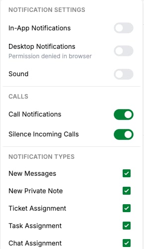 The notification panel in the top bar, with the Calls section