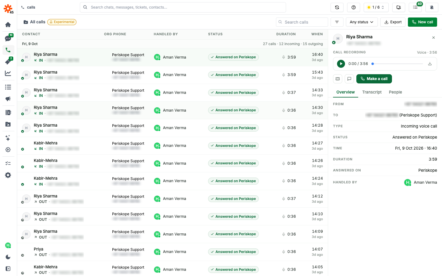 The Calls page, with the call list on the left and the selected call's details on the right