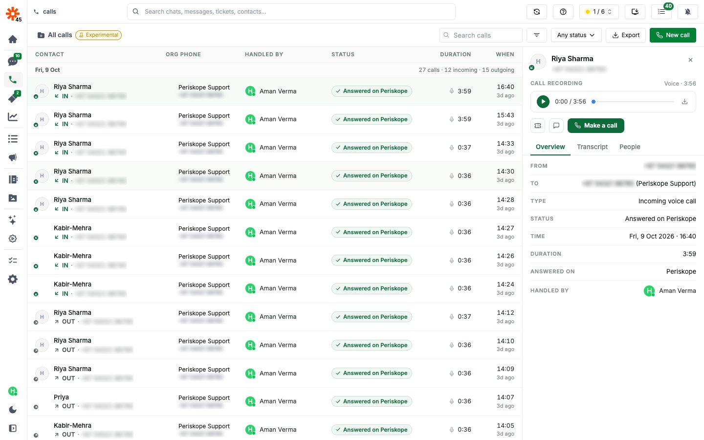 The Calls page, with the call list on the left and the selected call's details on the right