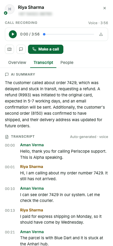 Call details with the recording player, the AI summary and the transcript