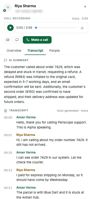 Call details with the recording player, the AI summary and the transcript