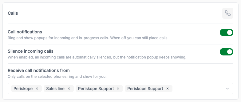 Settings, Notifications, Calls section with Call notifications, Silence incoming calls and Receive call notifications from