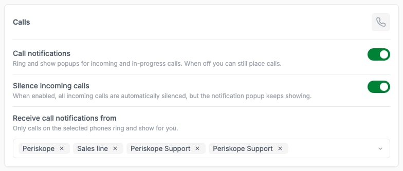 Settings, Notifications, Calls section with Call notifications, Silence incoming calls and Receive call notifications from