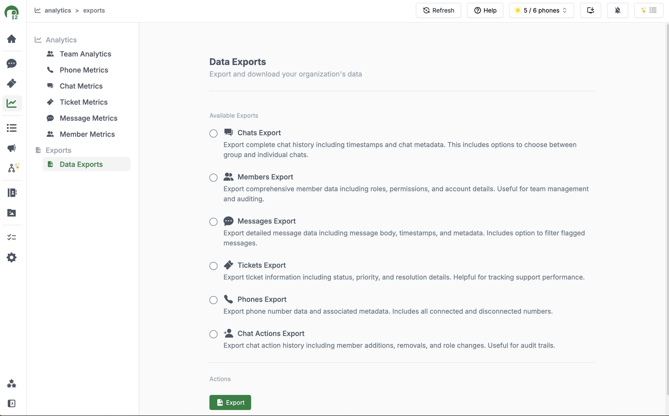 data exports main page