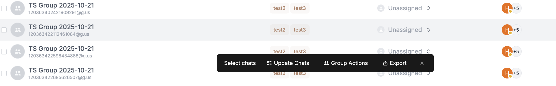 chat list bulk actions toolbar