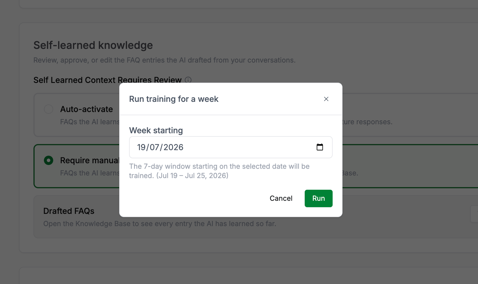 Run training modal