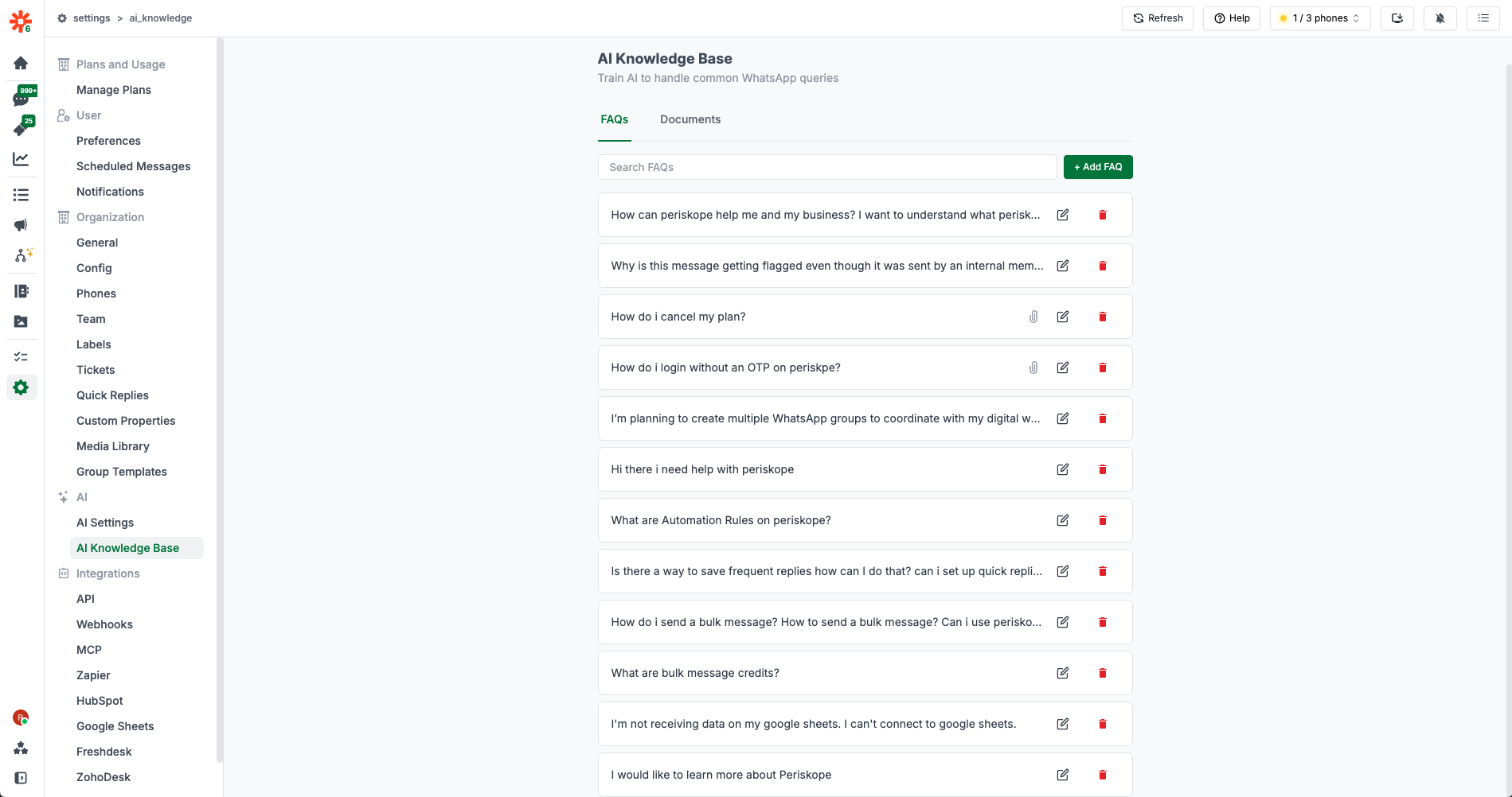 AI Knowledge Base interface