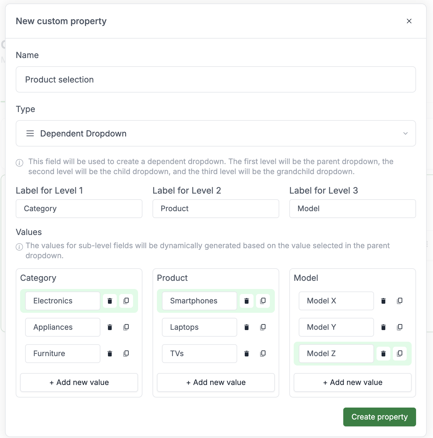 Dependent dropdown property