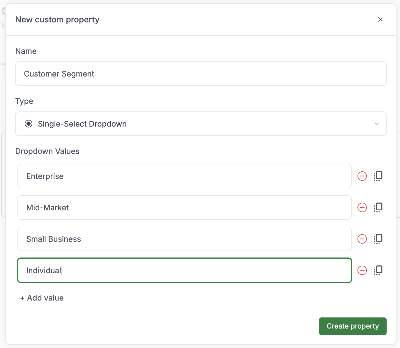 Single-select dropdown property