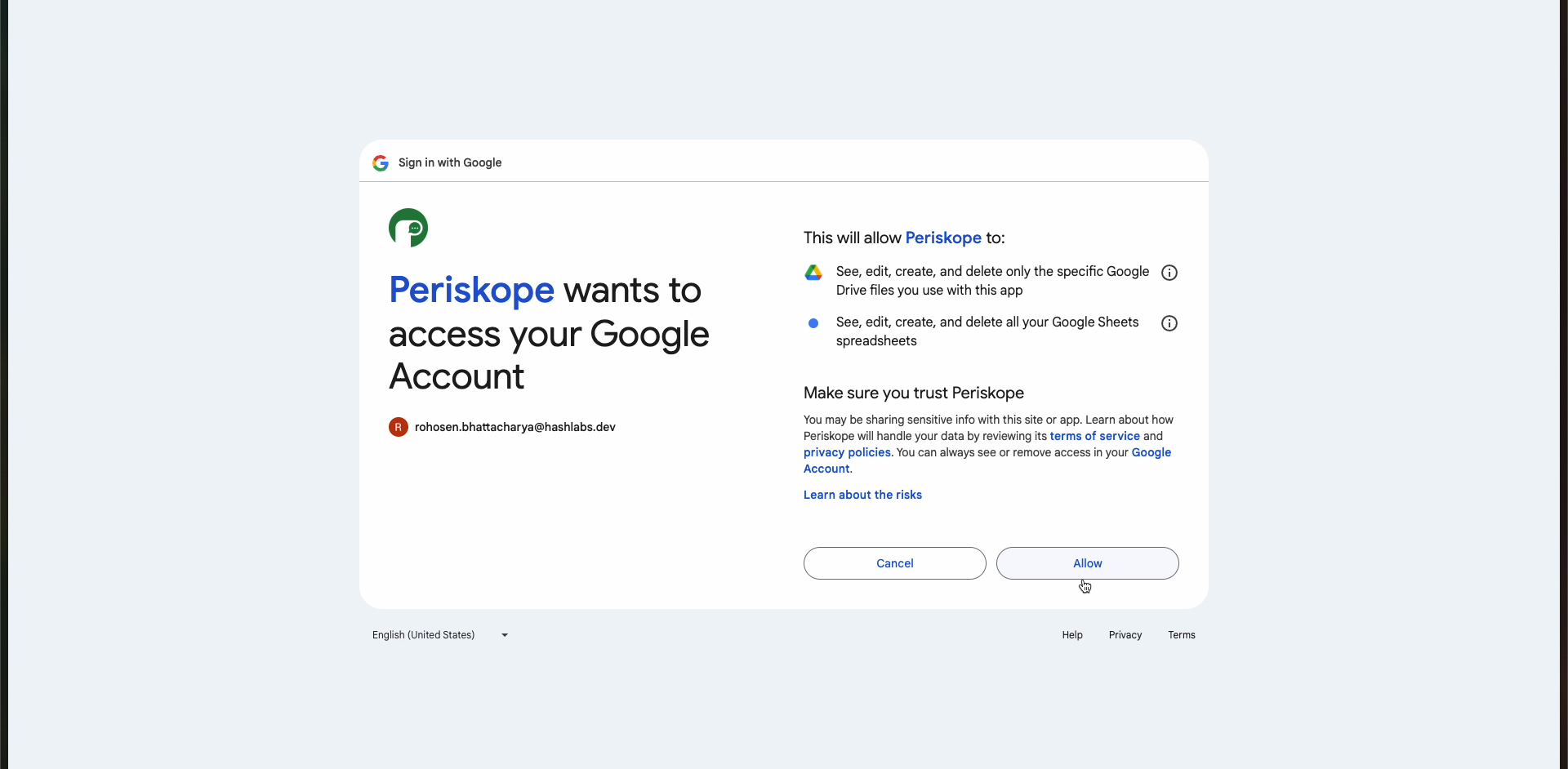 Google Authentication Screen