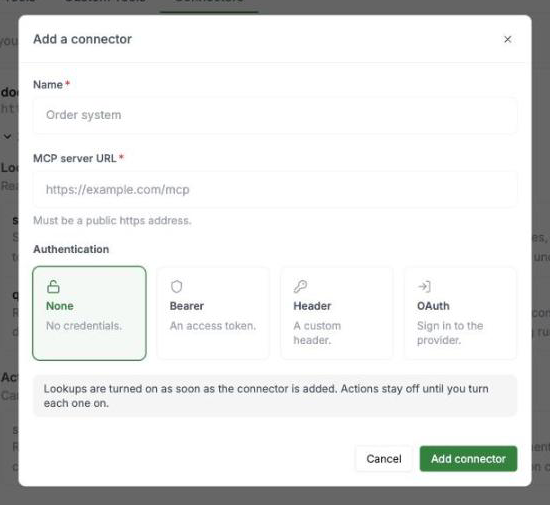 Add a connector dialog with name, MCP server URL and authentication type