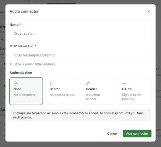 Add a connector dialog with name, MCP server URL and authentication type