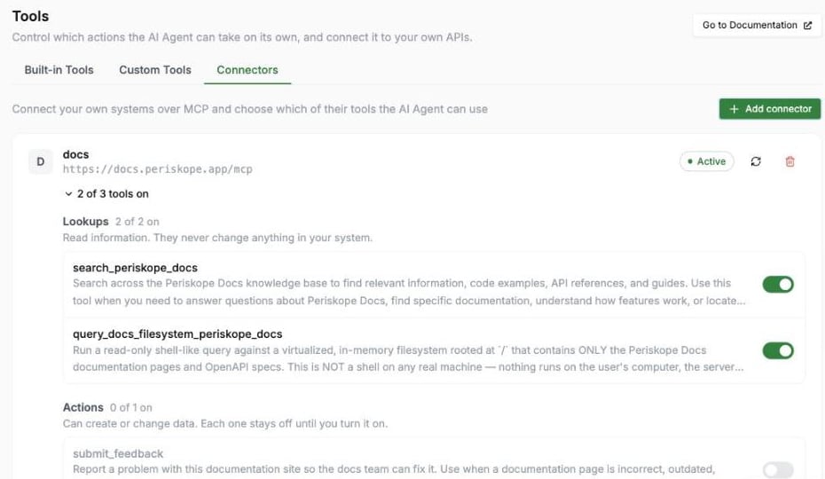 Connectors tab showing a connected server with its Lookups and Actions