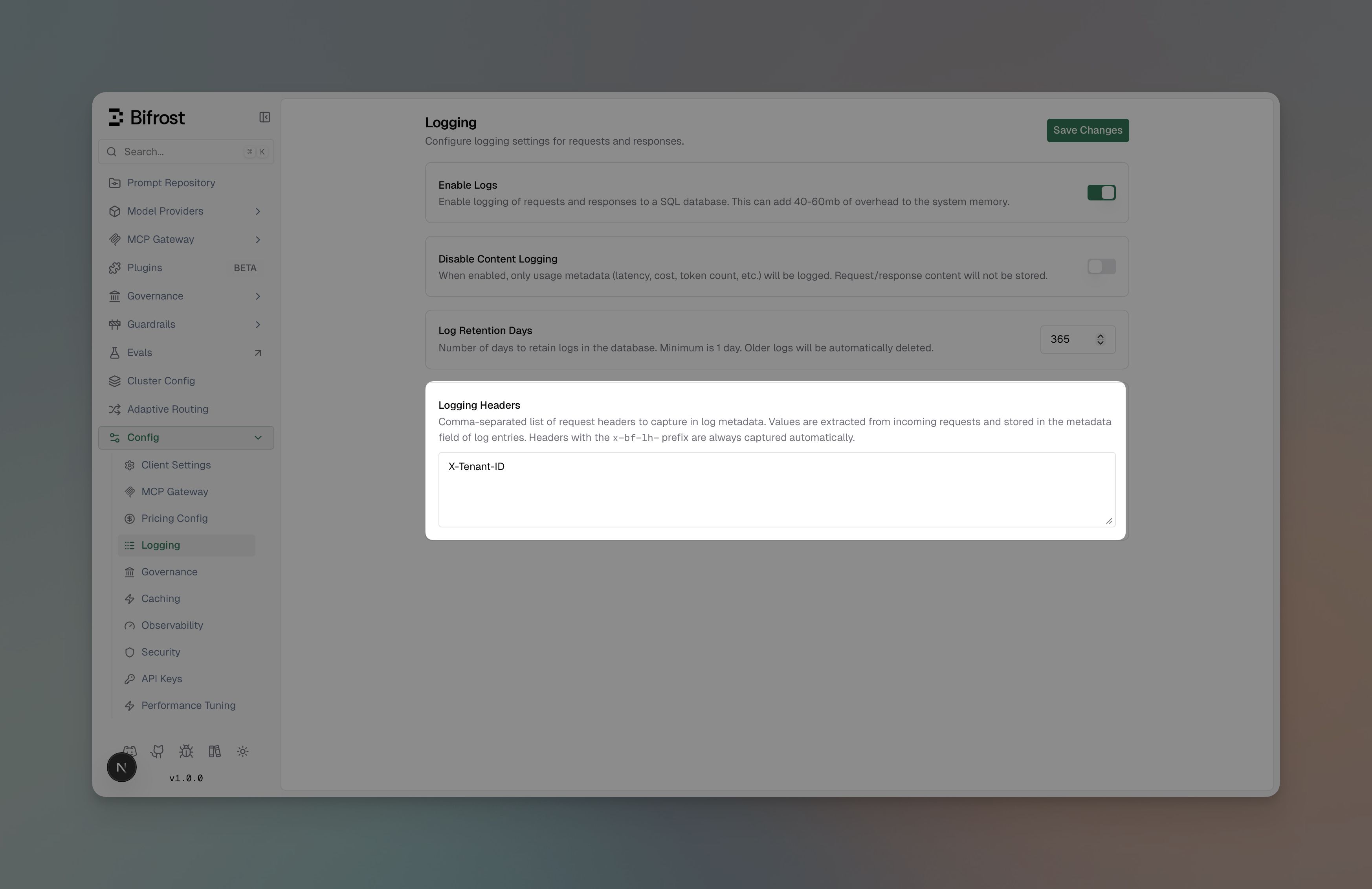 Logging Headers Configuration