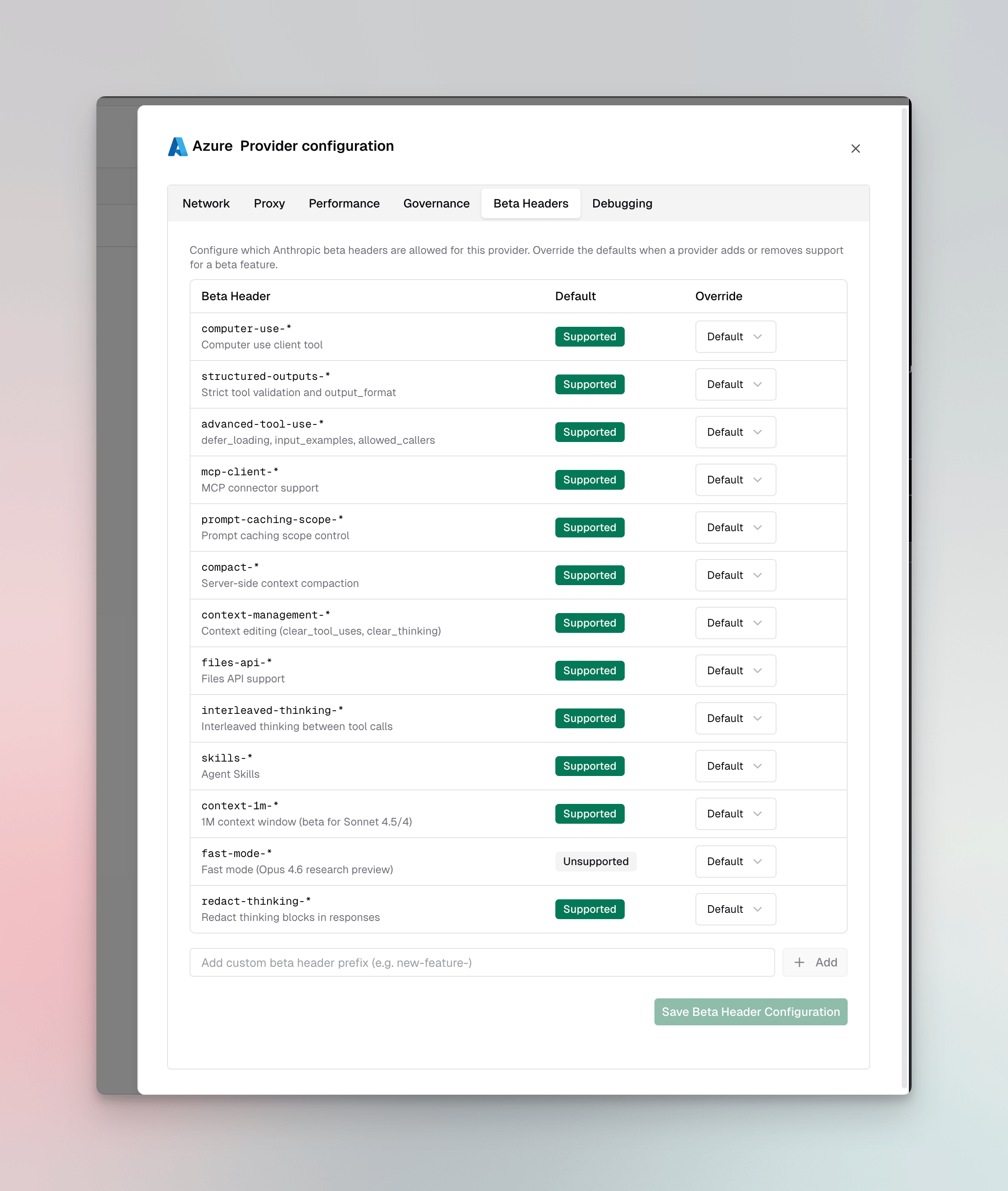 Azure Beta Headers configuration tab showing supported and unsupported Anthropic beta features with override options