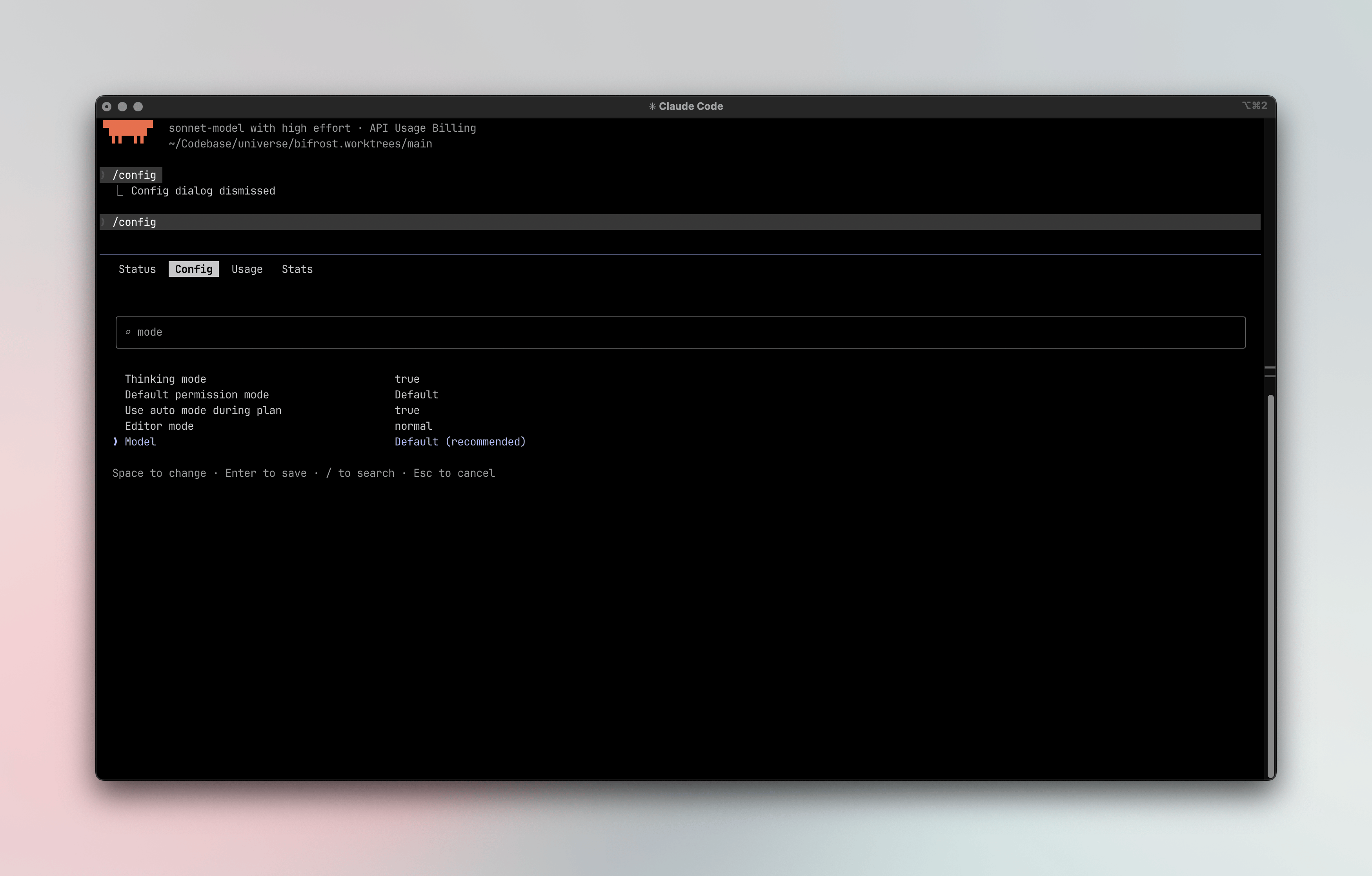 Claude code model selection using /config