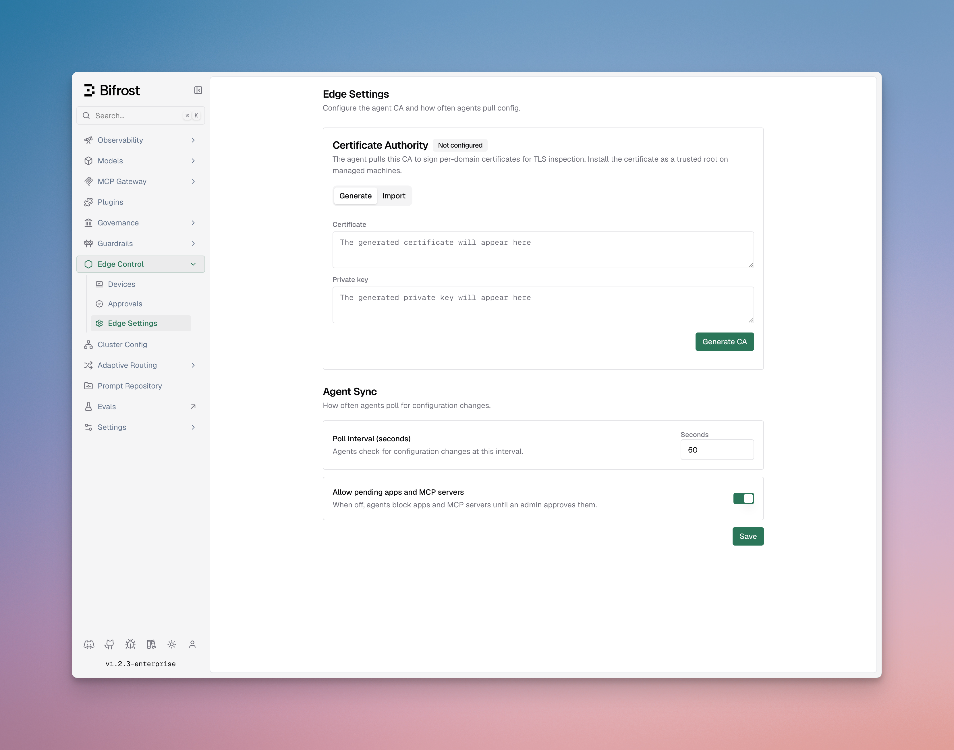 Edge configuration dashboard with certificate authority and sync settings