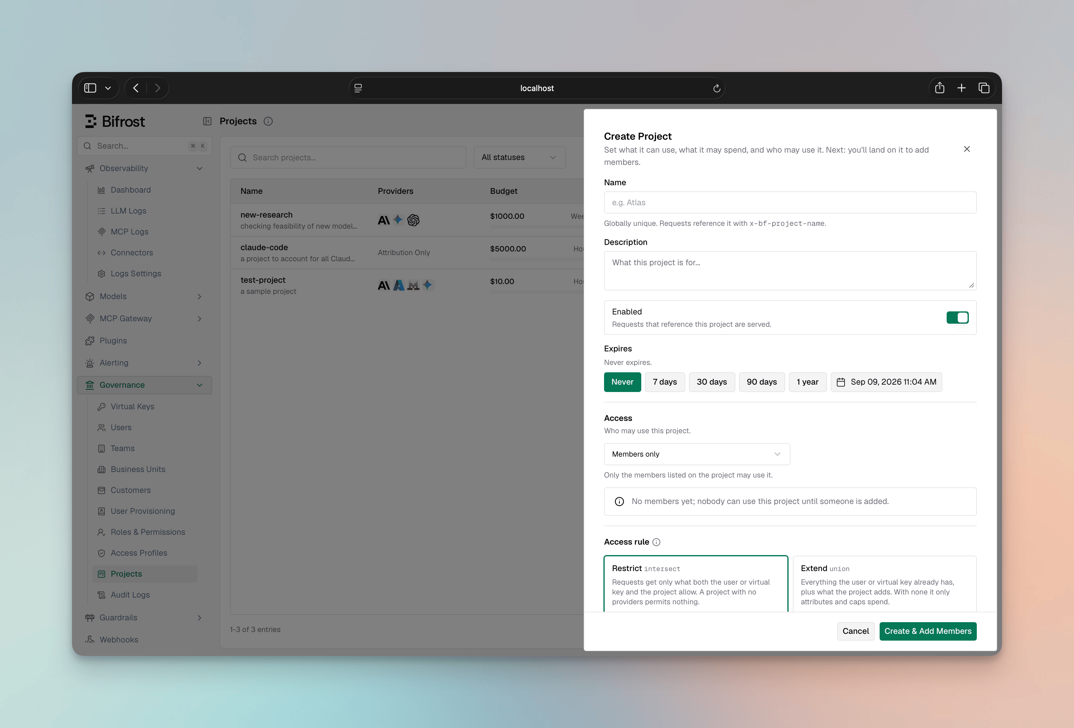 Create Project sheet showing name, description, enabled toggle, expiry presets and membership mode