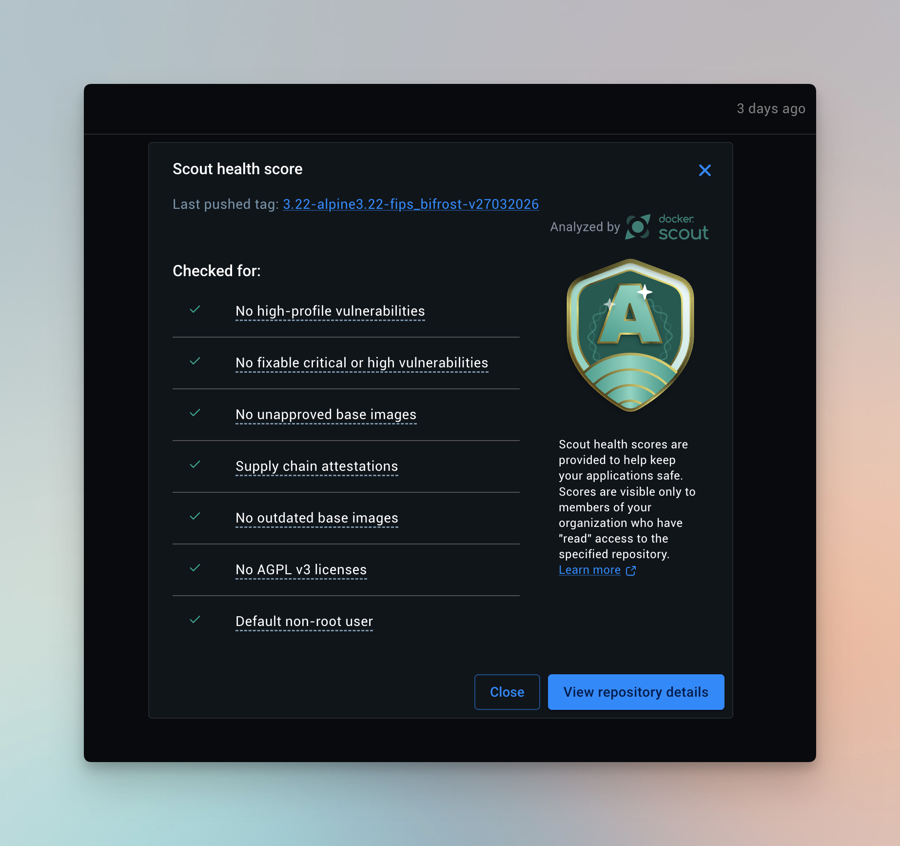 Docker Scout image score showing vulnerability assessment
