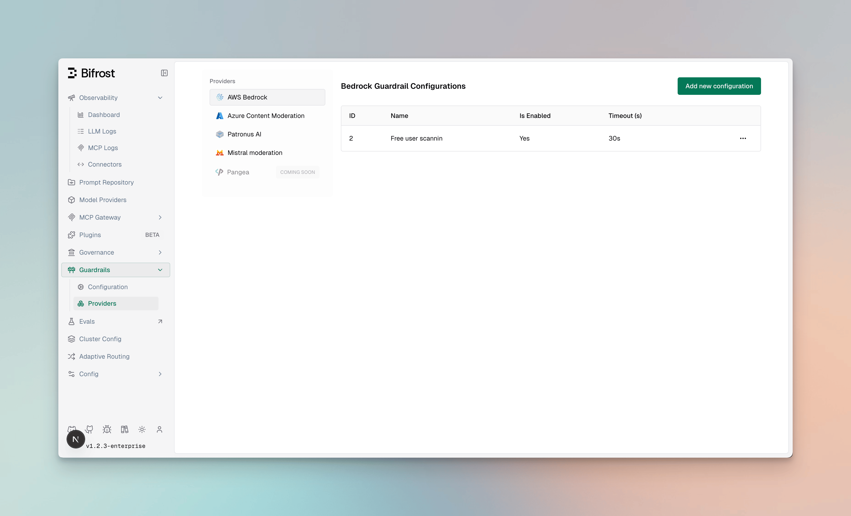 Guardrail profiles list showing configured providers