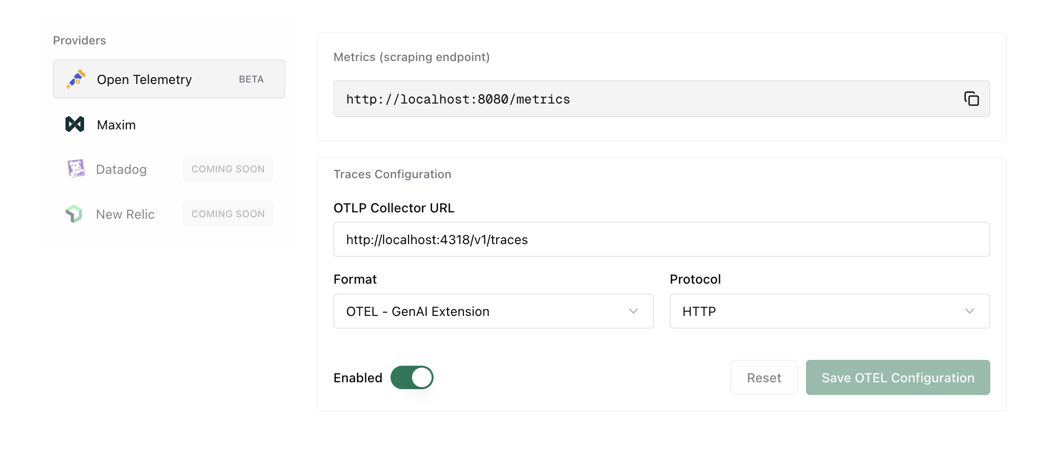 Otel UI setup