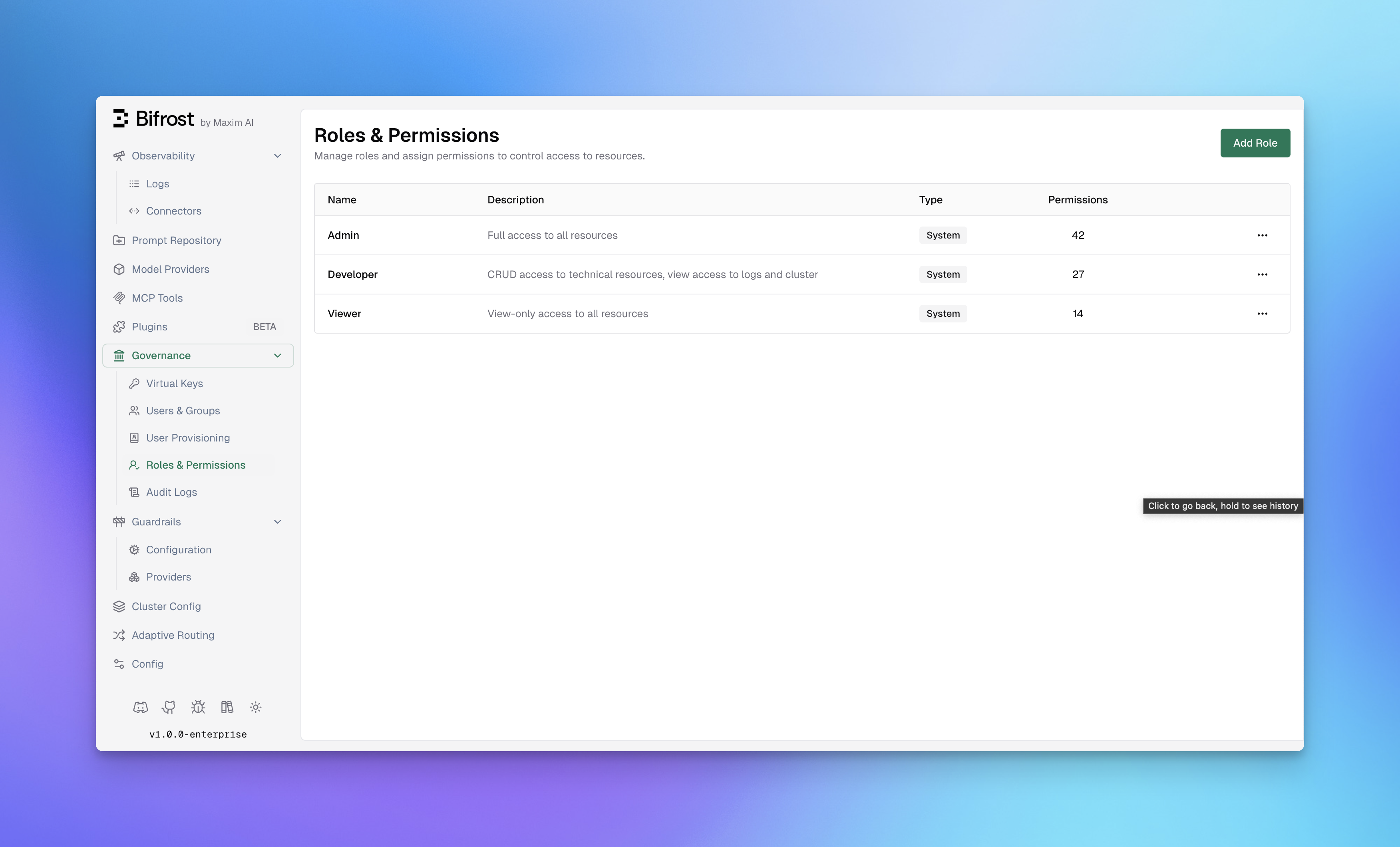 Roles & Permissions management interface showing system roles