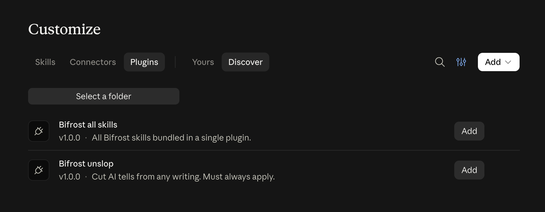Claude Desktop showing Bifrost plugins available to install