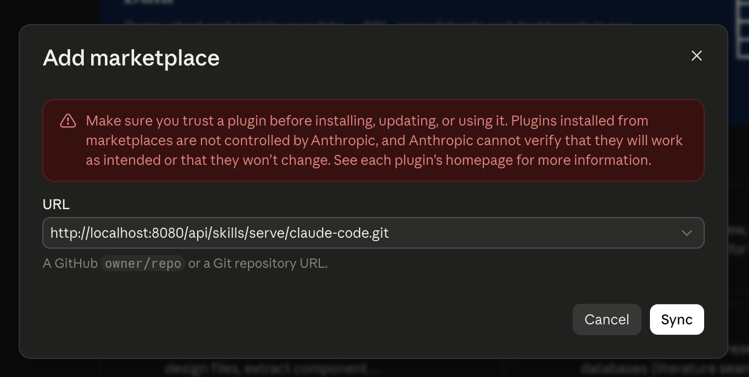 Claude Desktop Add marketplace dialog containing the Bifrost Git repository URL