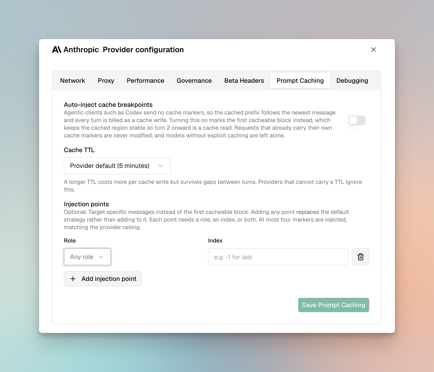 Injection points editor in the Prompt Caching tab