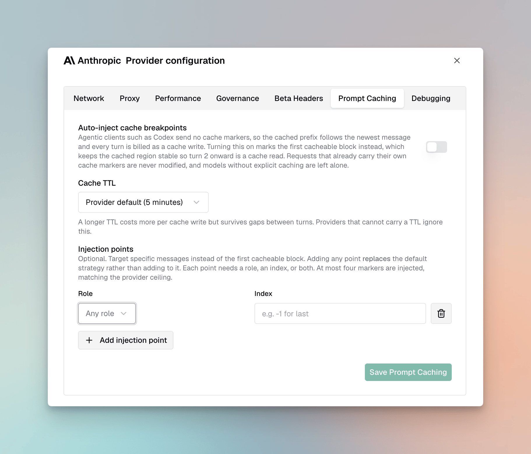 Injection points editor in the Prompt Caching tab