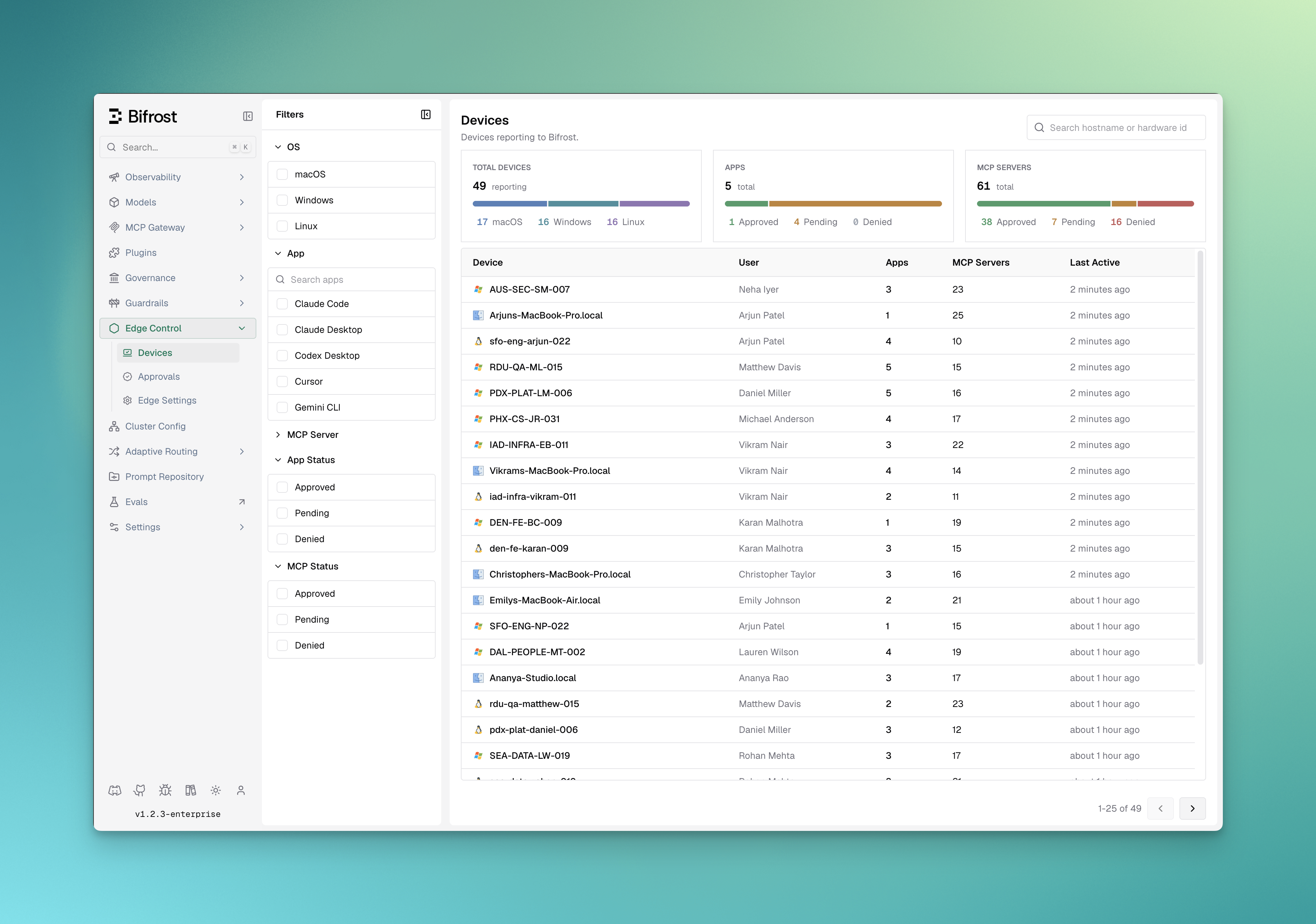 Bifrost Edge devices dashboard listing machines across the fleet