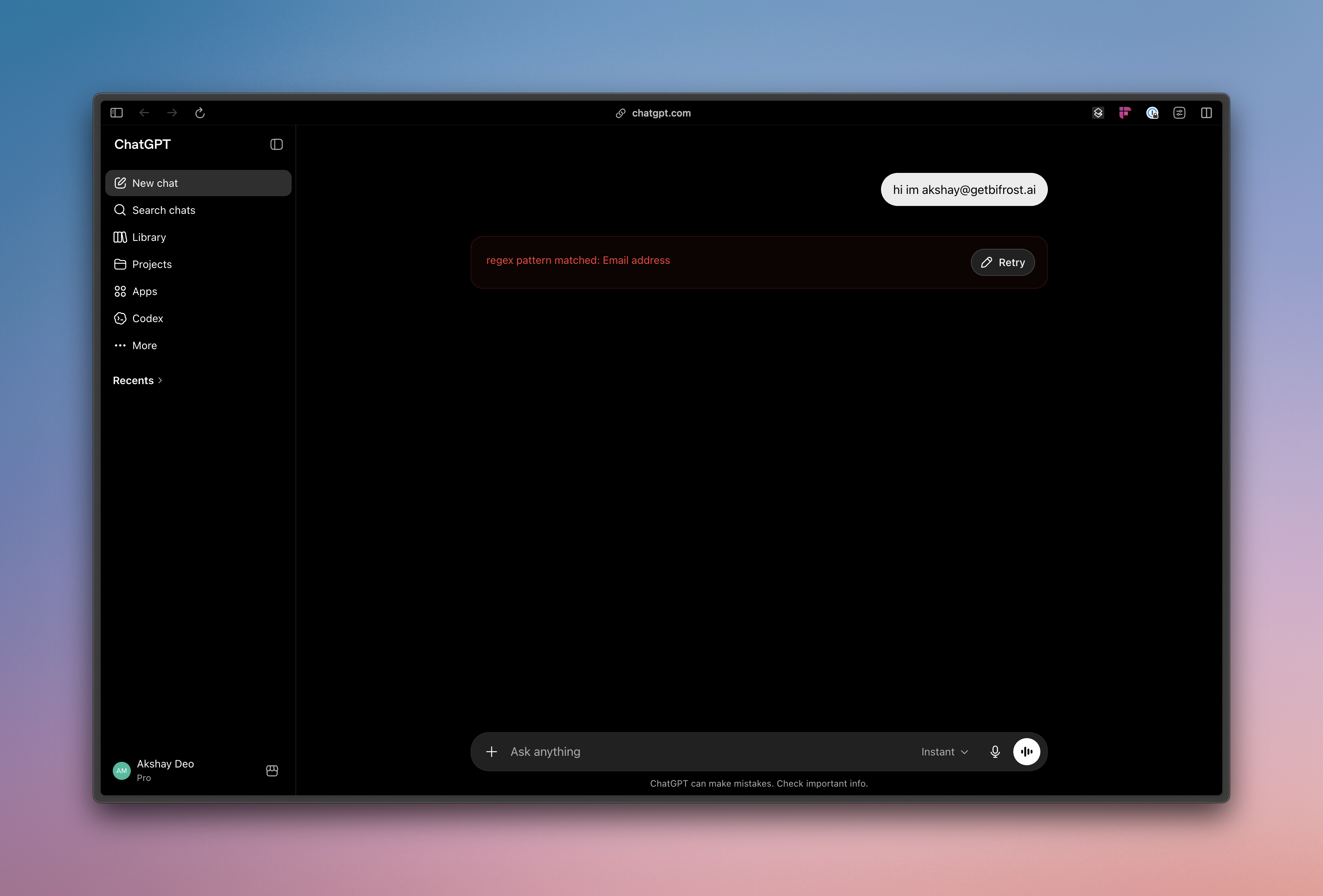 A guardrail applied to a ChatGPT web prompt through Bifrost Edge