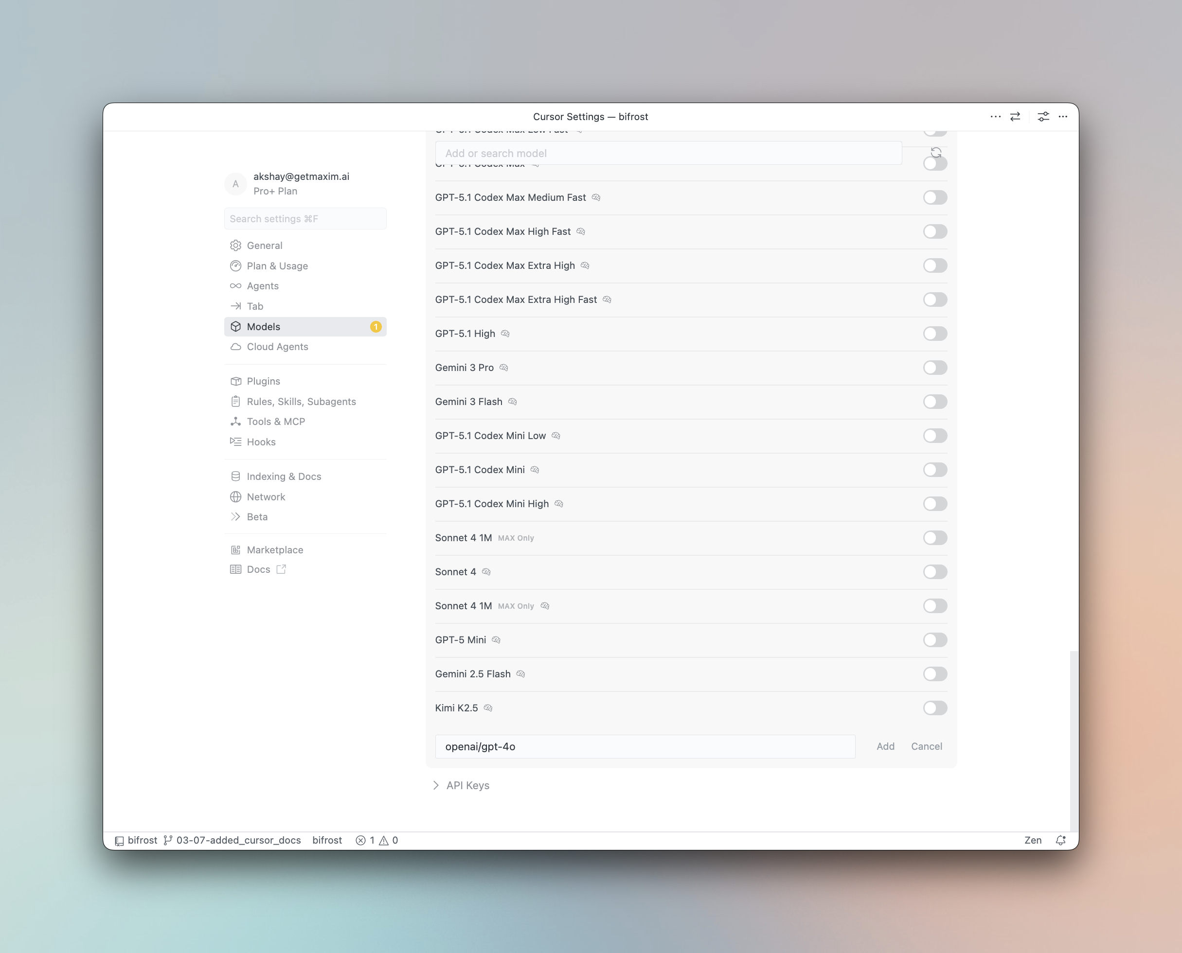 Adding a custom model in Cursor