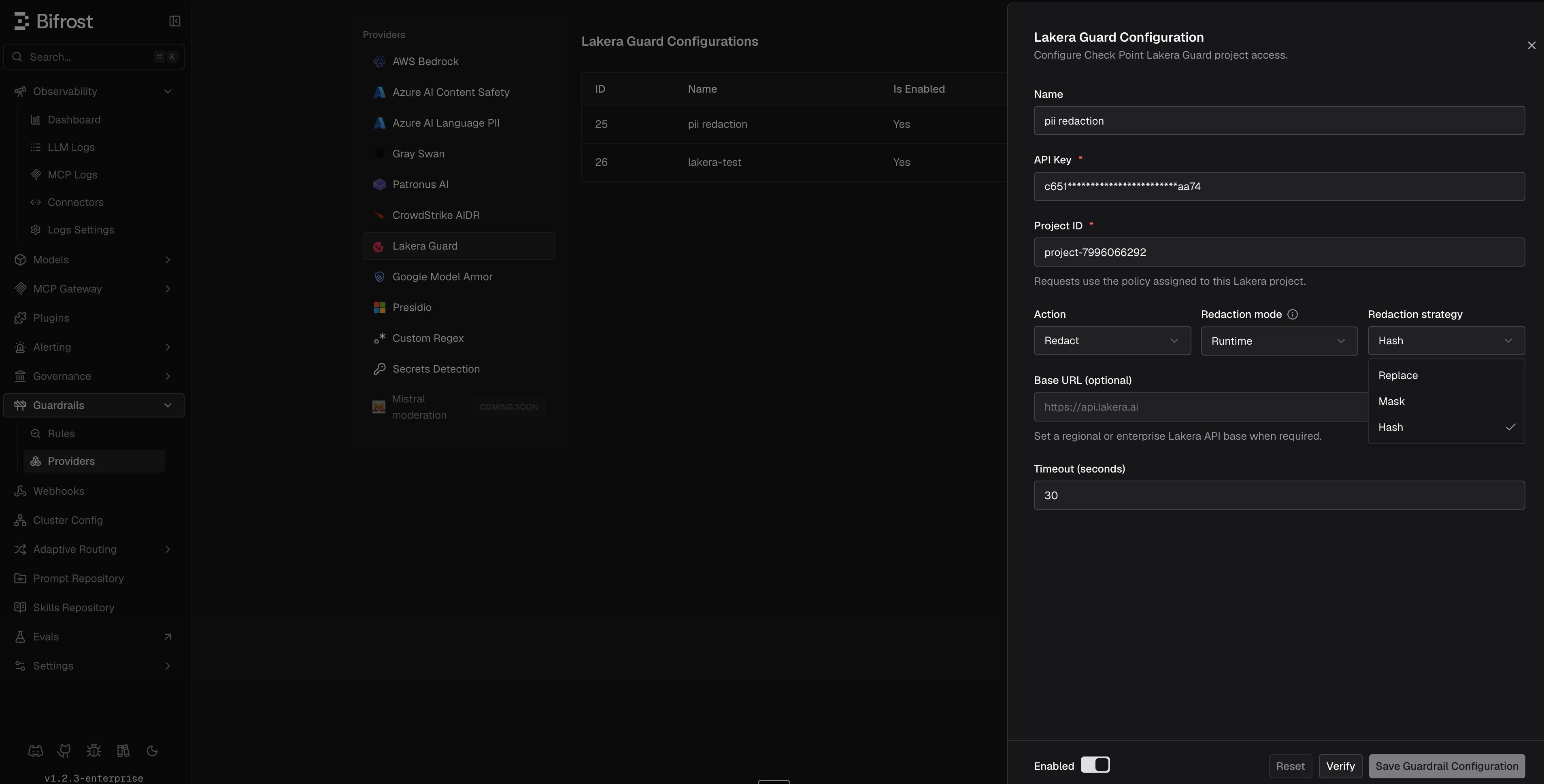 Lakera Guard configuration in Bifrost showing required credentials and redaction controls