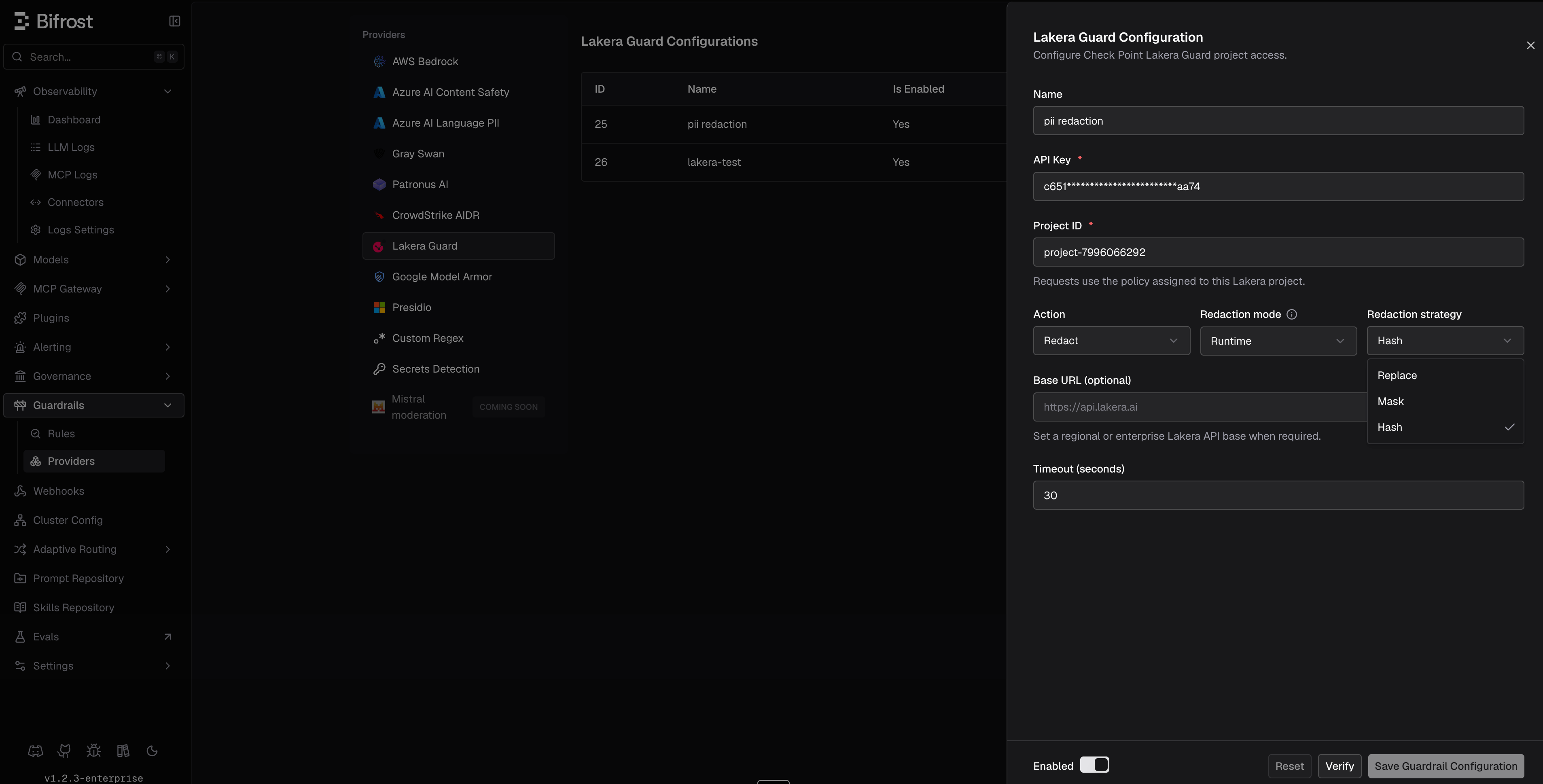 Lakera Guard configuration in Bifrost showing required credentials and redaction controls
