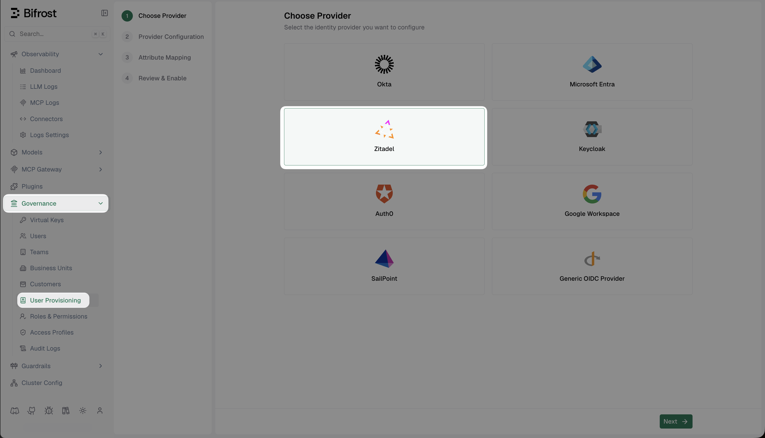 Bifrost Choose Provider screen with Zitadel highlighted