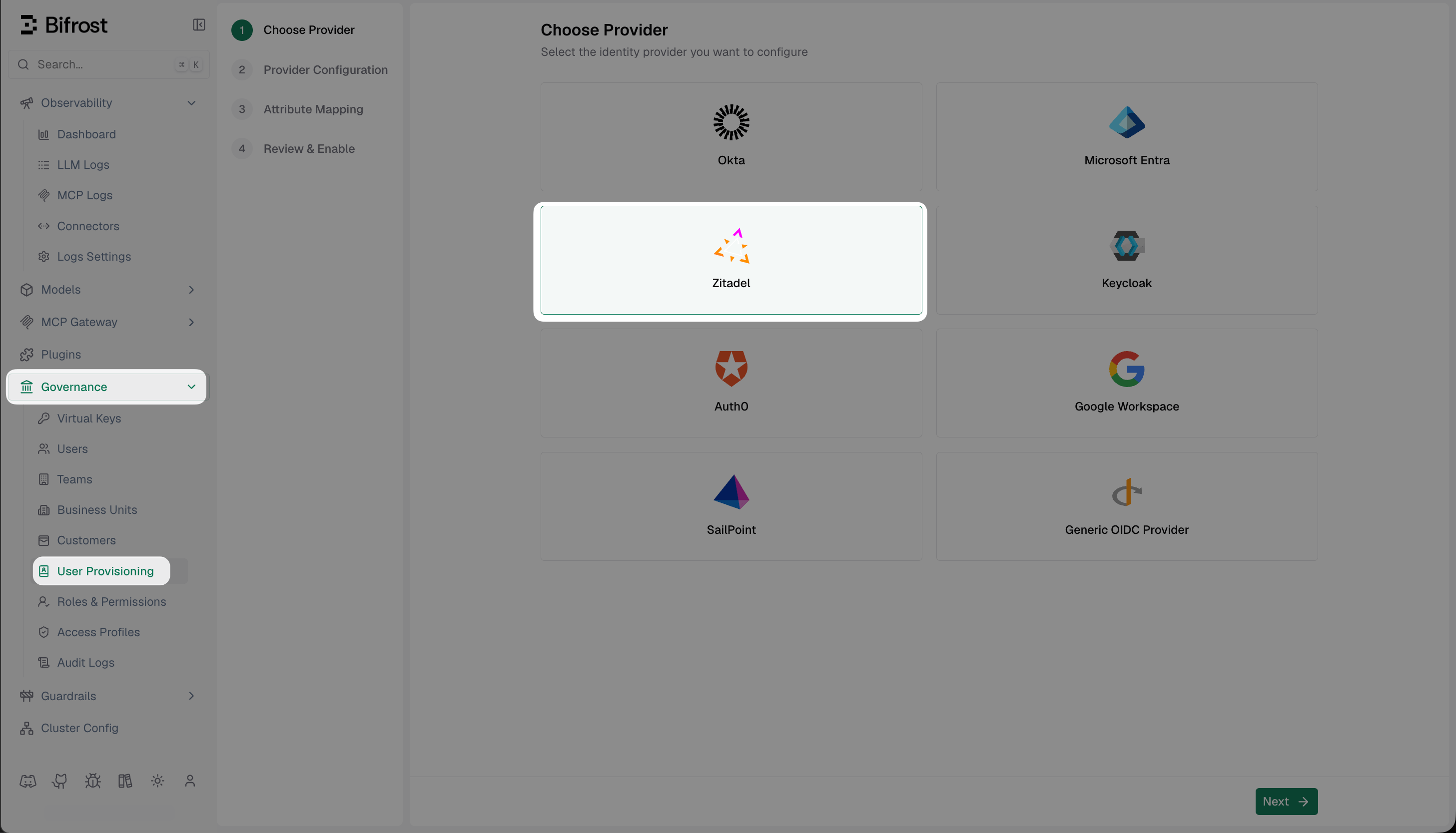 Bifrost Choose Provider screen with Zitadel highlighted