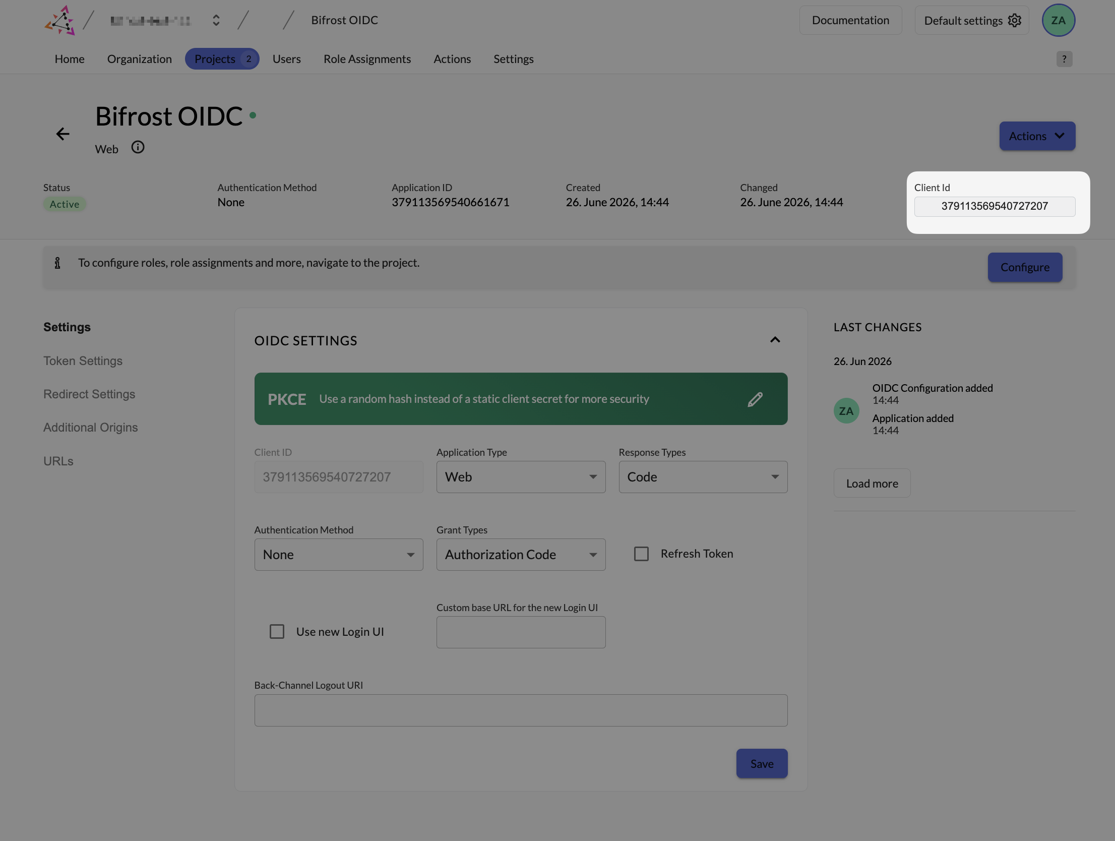 Zitadel Bifrost OIDC application detail page showing Client ID in the OIDC Settings section