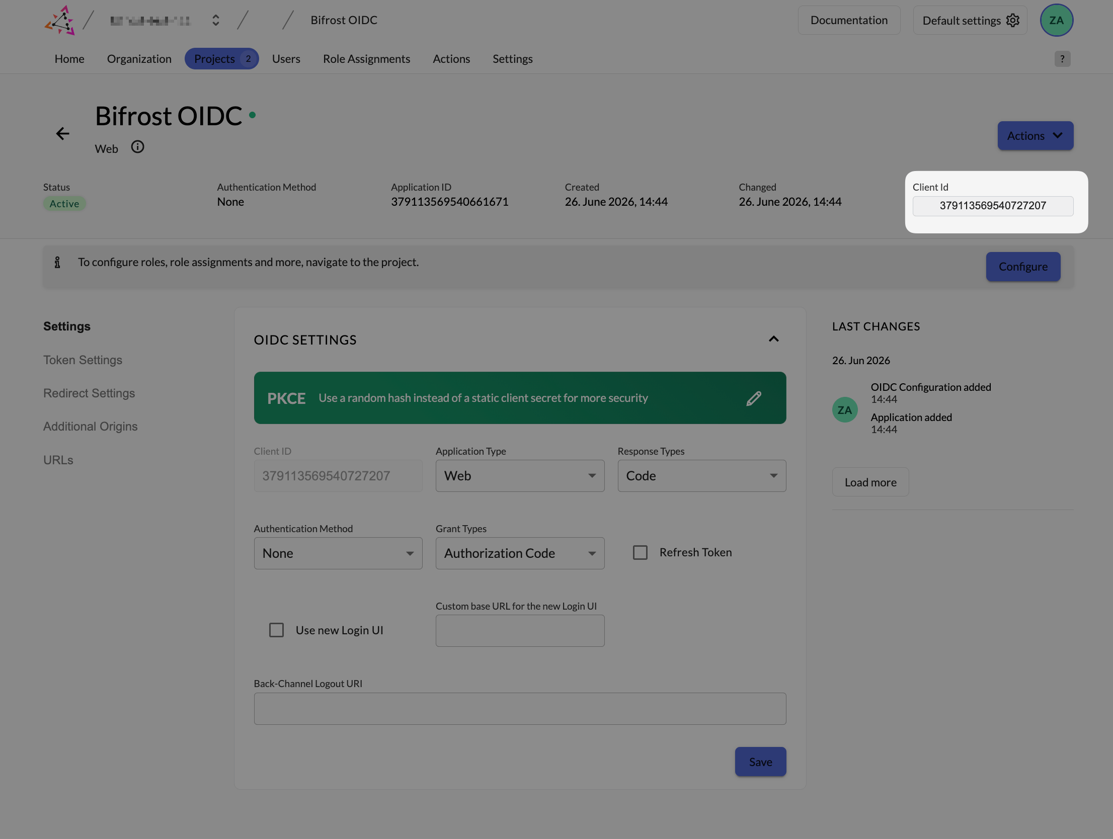 Zitadel Bifrost OIDC application detail page showing Client ID in the OIDC Settings section