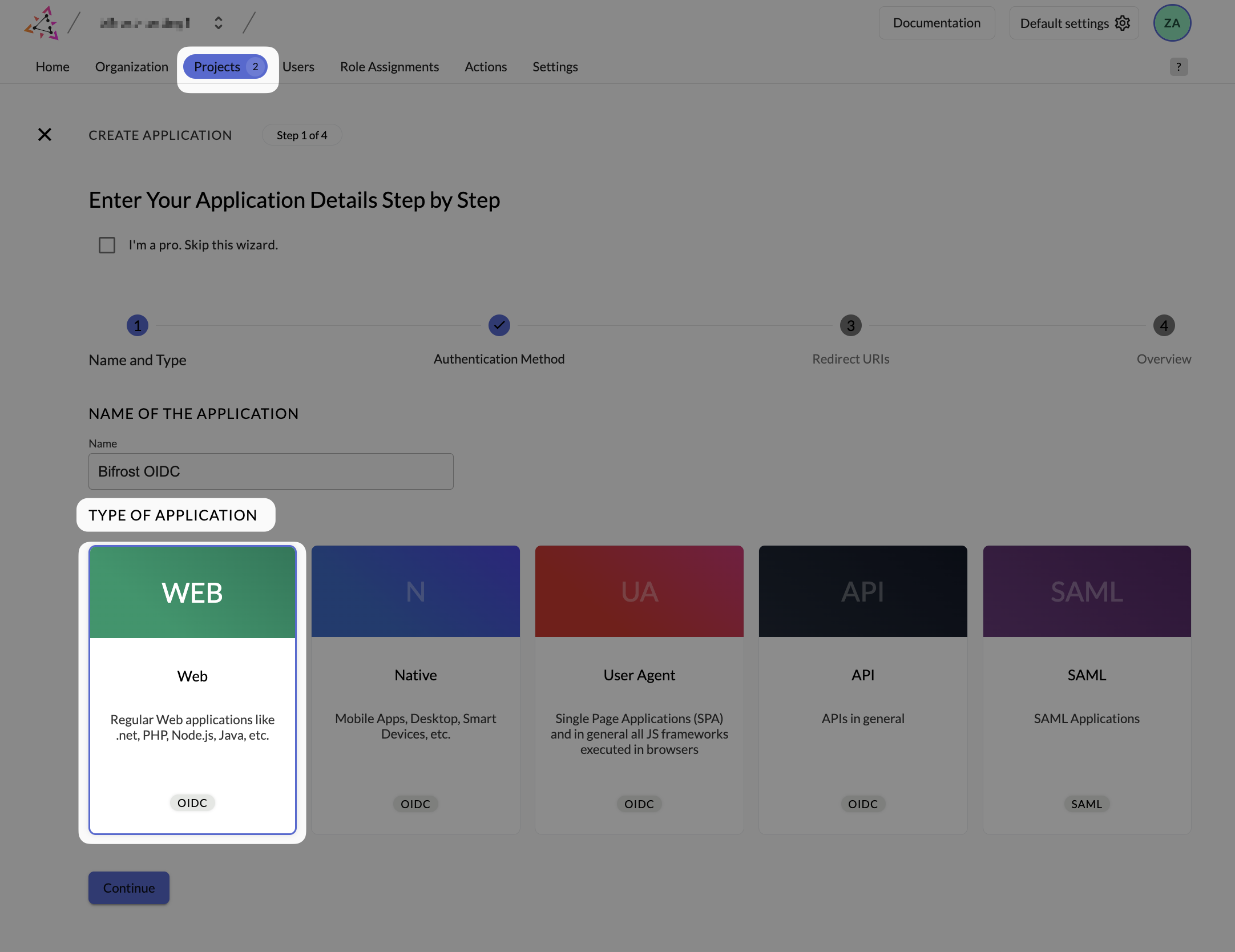 Zitadel Create Application wizard showing Bifrost OIDC name and Web type selected
